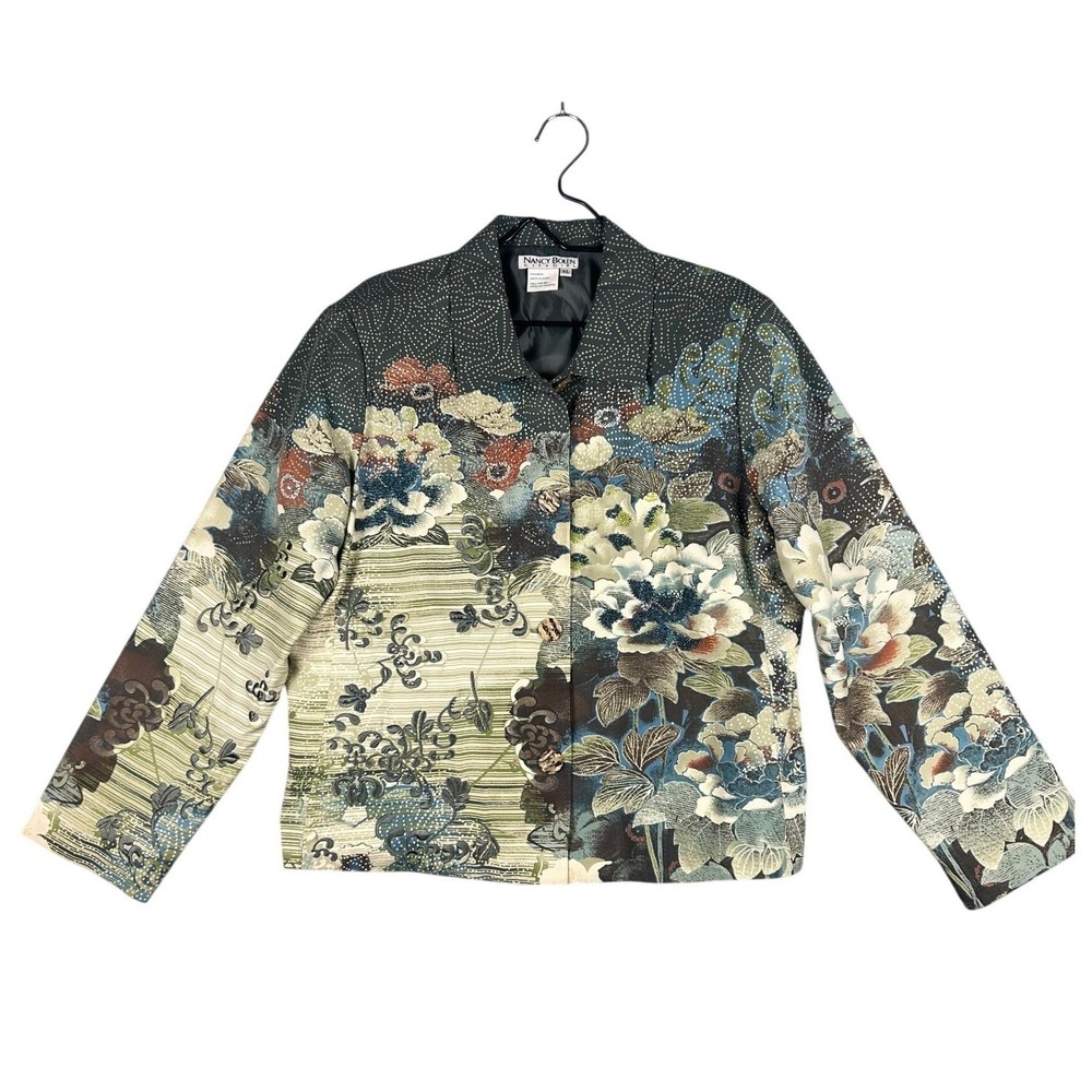 Nancy Bolen Jacket Floral Beaded Silk XL Green Beige Vintage Style Blazer